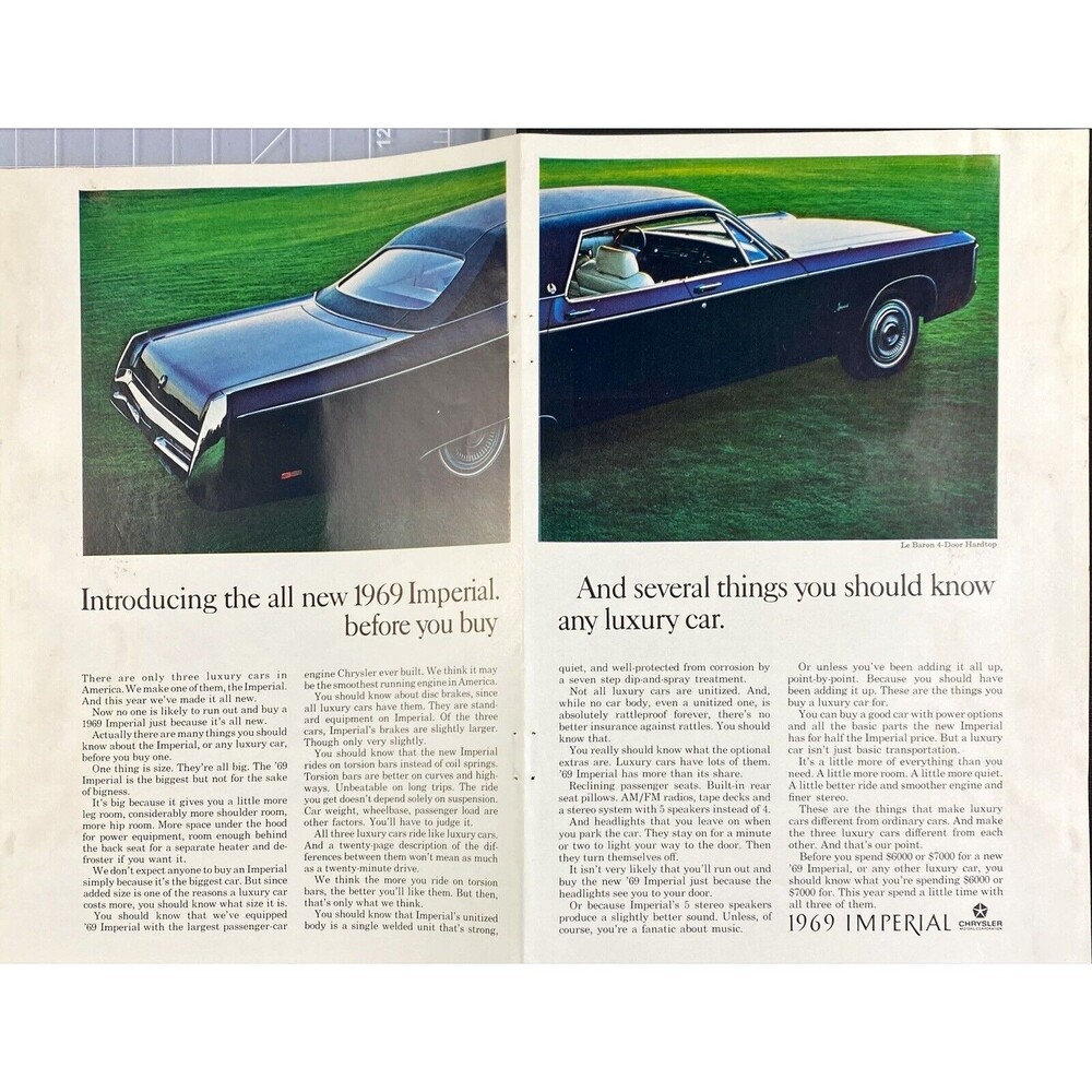 Chrysler Imperial Le Baron 4-Door Hardtop 1969 2 Page Vintage Print Ad 1969
